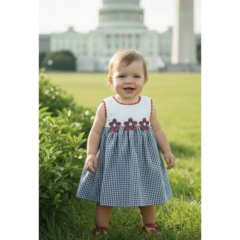 New Bonnie Baby Blue Size 12 Month 12M White Searsucker Embroidered Summer Dress